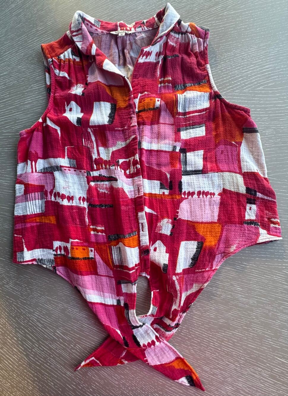 NIC+ZOE Pink Multi Paint The Town Gauze Sleeveless Button Front Tie Shirt Med